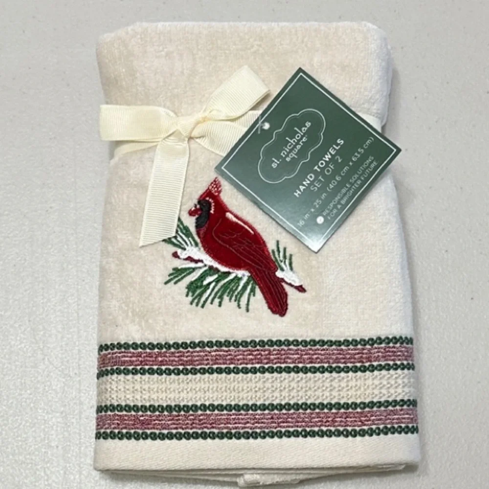 St. Nicholas Square Cream and Red Hand Towels - Cardinal Design